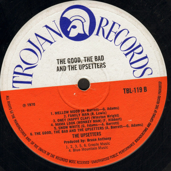 Image of Back Cover of LP - /G+ - UPSETTERS, Good The Bad & The Upsetters (Trojan Orange/White; TBL119, UK 1970, NO SLEEVE), NO ORIGINAL SLEEVE. Comes in plain white cover. Vinyl shows wear & hairlines, but plays ok,  - 4026084E