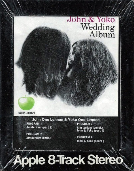 Image of Back Cover of 8 Track Cartridge Cassette - VG/EX - JOHN ONO LENNON AND YOKO ONO LENNON, Wedding Album (Apple Records; 8XM-3361, US 1969, Box Set With Certificate Glued Inside Lid, Mylar Bag Housing Insert, 17 Page Booklet, Photo Strip, Postcard, 2 Posters), SEALED cartridge & Complete box set, Nice and clean with just a few spots of bubbling to front of box,  - 4016106C