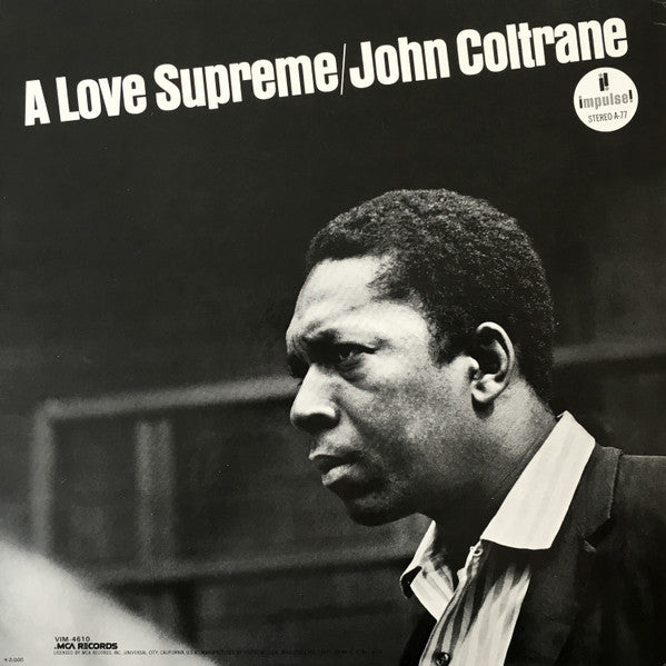 Image of Back Cover of LP - VG/VG+ - JOHN COLTRANE, A Love Supreme (MCA Black Rainbow; VIM-4610, Japan 1980 Reissue, Gatefold, Insert, Missing the OBI. Translucent Brown vinyl.), Foxing inside gatefold and on front cover. ,  - 4026129E