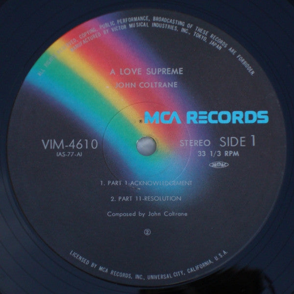 Image of Label Cover of LP - VG/VG+ - JOHN COLTRANE, A Love Supreme (MCA Black Rainbow; VIM-4610, Japan 1980 Reissue, Gatefold, Insert, Missing the OBI. Translucent Brown vinyl.), Foxing inside gatefold and on front cover. ,  - 4026129E
