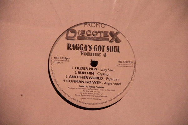 Image of Label Cover of LP - VG+/EX - VARIOUS ARTISTS, Ragga's Got Soul Volume 4 (Discotex Records; DTLP 31, UK 	, Stickered Plain Sleeve), Opened from sealed., A1 - Lady Saw Older MenA2 - Capleton Run HimA3 - Papa San Another WorldA4 - Angie Angel Conman Go WeyB1 - Simpleton Stop Mocking De DreadB2 - Chuckle Berry EducationB3 - Lady Gee Wha Dem A DoB4 - Papa San Hard Road To Travel - 4016148C