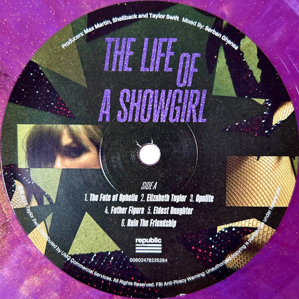 Image of Label Cover of LP - EX/EX - TAYLOR SWIFT, The Life Of A Showgirl (Republic Records ; 00602478225284, USA & Europe 2025, Double Gatefold, Shiny Bug Edition, Violet With Black And Gold Marbling And Gold Glitter Vinyl), ,  - 4046092S