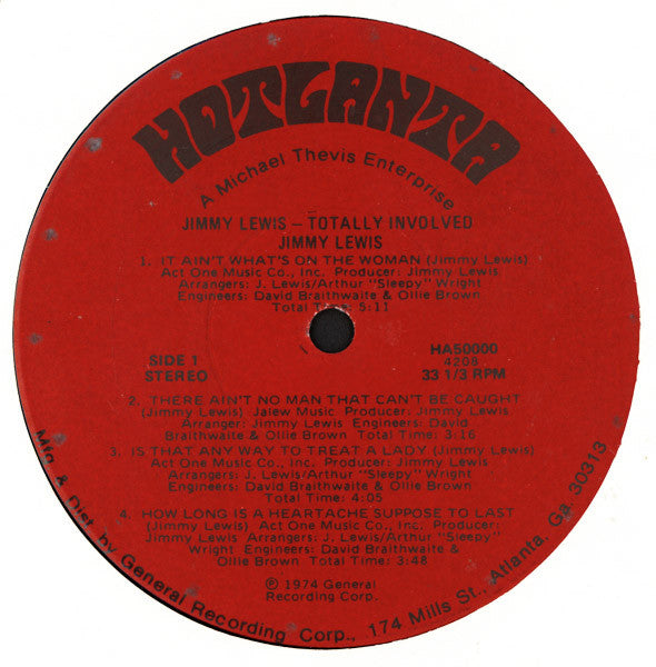 Image of Label Cover of LP - VG/VG - JIMMY LEWIS, Totally Involved (Hotlanta; HA50000, US 1974), ,  - 3926367E