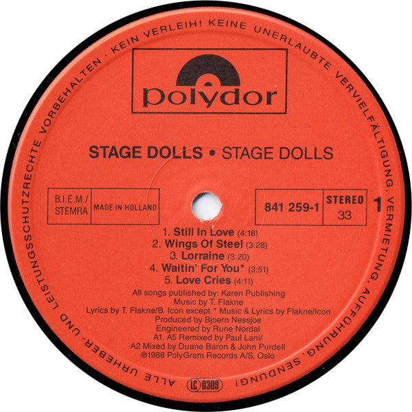 Image of Label Cover of LP - VG/EX - STAGE DOLLS, Stage Dolls (Polydor ; 841 259-1, Europe 1988, Inner), Edge Wear,  - 3926428E