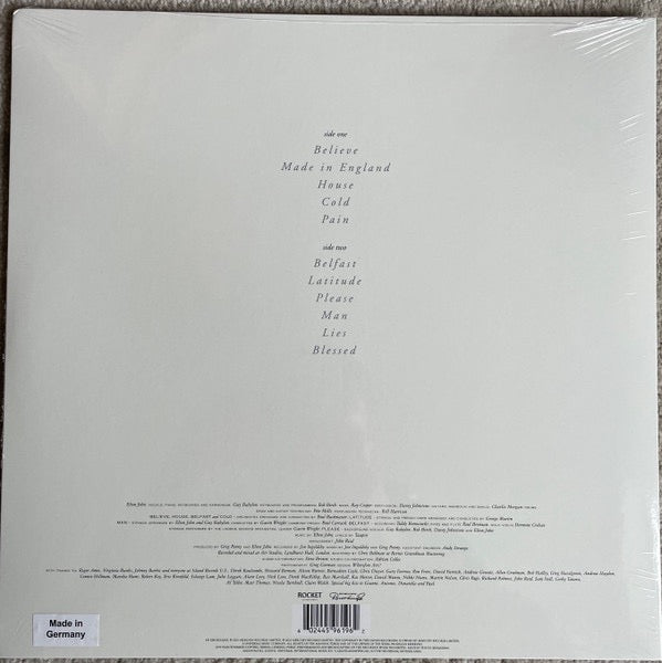 Image of Back Cover of LP - EX/EX - ELTON JOHN, Made In England (Rocket Entertainment; 4596196, Worldwide 2023 Reissue, Insert), Still In Opened Shrinkwrap With Hype Sticker,  - 4016165C