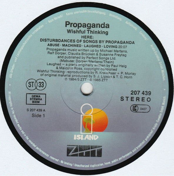 Image of Label Cover of LP - VG/VG - PROPAGANDA, Wishful Thinking (Island Blue - Night and Day; 207 439, Europe 1985), ,  - 4016132C