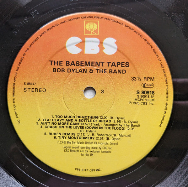 Image of Label Cover of 2xLP - VG+/EX - BOB DYLAN & THE BAND, The Basement Tapes (CBS; CBS 88147, UK 1980s Reissue, Gatefold), ,  - 3926419E