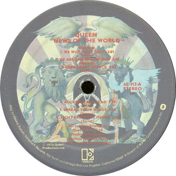 Image of Label Cover of LP - VG/VG - QUEEN, News Of The World (Elektra; 6E-112, US 1977, Gatefold, Inner, Specialty Pressing), A few light marks, Pen on rear sleeve, Sticker residue to front,  - 4016116C
