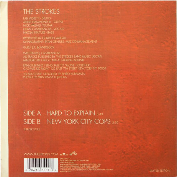 Image of Back Cover of 7" - VG/VG+ - THE STROKES, Hard To Explain (RCA; 07863 60554-7, US 2002 Reissue, Picture Sleeve, Limited Edition, Clear Vinyl, "Made in USA" Next to Barcode), Very minor edge wear and bumps.,  - 4056087S