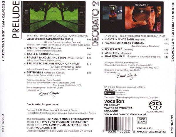 Image of Back Cover of CD - VG+/VG+ - DEODATO, Prelude & Deodato 2 (Vocalion; CDSML 8532, UK 2017 Reissue, Jewel Case), ,  - 4036036E