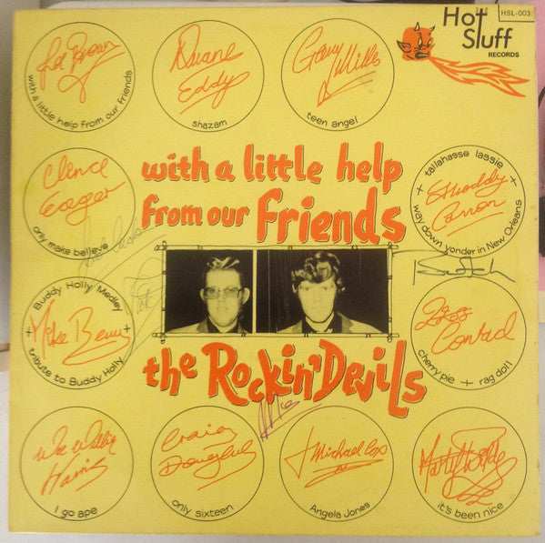 Image of Front Cover of LP - VG/VG+ - THE ROCKIN' DEVILS, With A Little Help From Our Friends (Hot Stuff Records; HSL 003, UK 1975), Clean glossy disc, Lightest of hairlines. Clean sleeve, Light ring wear and tiny crease at opening, Nice copy. ,  - 4016124C