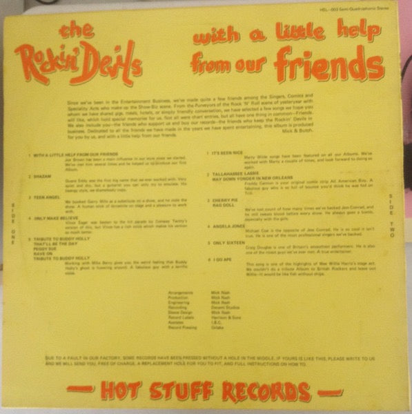 Image of Back Cover of LP - VG/VG+ - THE ROCKIN' DEVILS, With A Little Help From Our Friends (Hot Stuff Records; HSL 003, UK 1975), Clean glossy disc, Lightest of hairlines. Clean sleeve, Light ring wear and tiny crease at opening, Nice copy. ,  - 4016124C