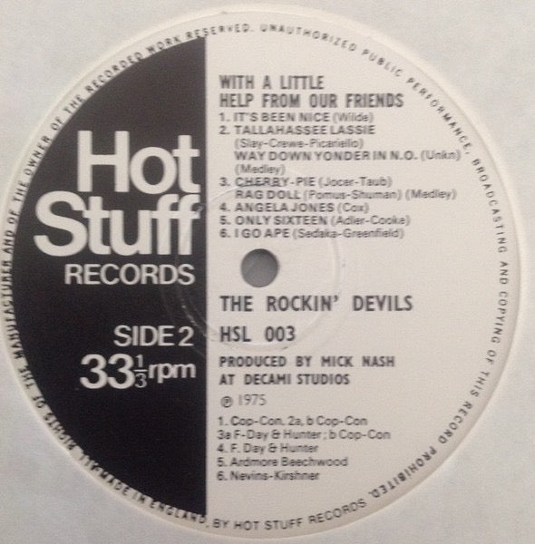 Image of Label Cover of LP - VG/VG+ - THE ROCKIN' DEVILS, With A Little Help From Our Friends (Hot Stuff Records; HSL 003, UK 1975), Clean glossy disc, Lightest of hairlines. Clean sleeve, Light ring wear and tiny crease at opening, Nice copy. ,  - 4016124C