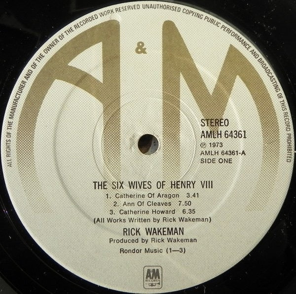 Image of Label Cover of LP - VG+/VG+ - RICK WAKEMAN, The Six Wives Of Henry VIII (A&M Records Silver & Gold Labels; AMLH 64361, UK 1970s Reissue, Gatefold), ,  - 4016125C