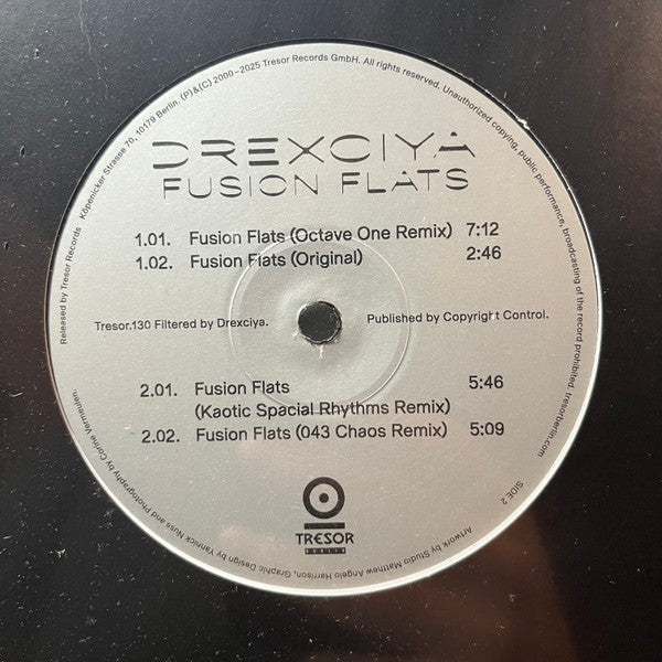 Image of Back Cover of 12" - /VG+ - DREXCIYA, Fusion Flats (Tresor; Tresor.130, Germany 2025 Reissue, Plain Sleeve), , A1 Fusion Flats (Octave One Remix)A2 Fusion Flats (Original)B1 Fusion Flats (Kaotic Spacial Rhythms Remix)B2 Fusion Flats (043 Chaos Remix) - 4026145E