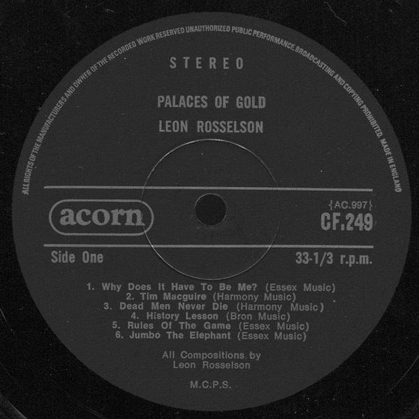 Image of Label Cover of LP - VG/VG - LEON ROSSELSON, Palaces Of Gold (Acorn; CF.249, UK 1975, Laminated Sleeve), Strong VG Throughout,  - 4016256C