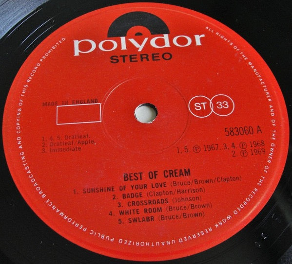 Image of Label Cover of LP - VG/VG+ - CREAM, Best Of Cream (Polydor Red Labels With Publishers Printed Above One Another; 583 060, UK 1969, Laminated Sleeve), ,  - 4016257C
