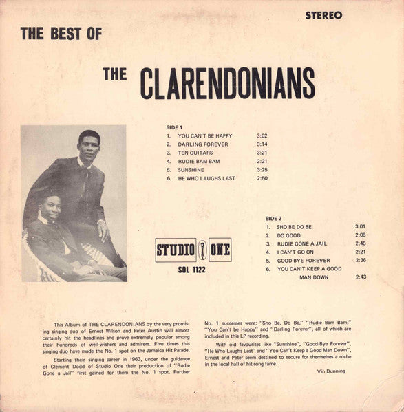 Image of Back Cover of LP - /VG+ - THE CLARENDONIANS, The Best Of The Clarendonians (Studio One; SOL 1122, Jamaica ), Some light marks but generally very good. Shrinkwrap partially on sleeve. Wear to edge of sleeve still exposed.,  - 4046127S