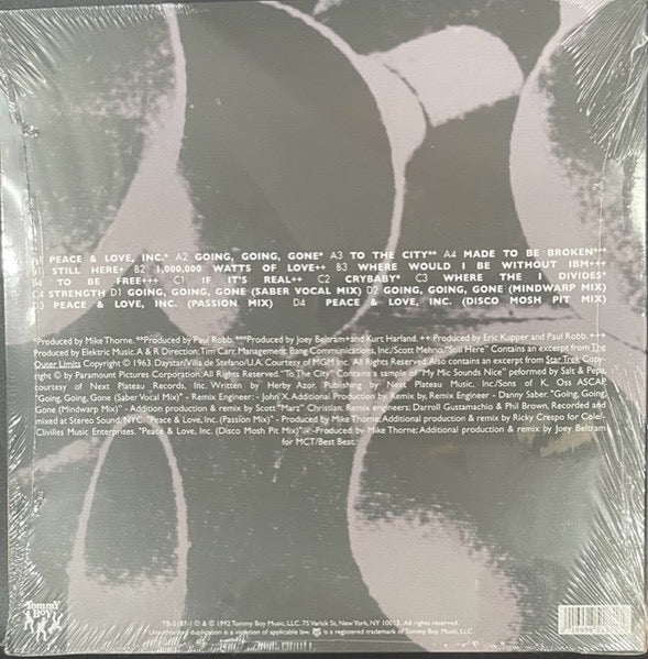 Image of Back Cover of 2xLP - EX/VG+ - INFORMATION SOCIETY, Peace And Love, Inc. (Tommy Boy; TB-5187, US 2023 Reissue, 2 Inners, 30th Anniversary Translucent Black Vinyl. ), Still In Opened Shrinkwrap With Hype Sticker,  - 4016252C