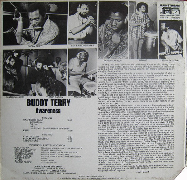 Image of Back Cover of LP - VG/VG - BUDDY TERRY, Awareness (Mainstream Records; MRL 336, US 1971, Unipak Gatefold), Strong VG to record - just a couple of superficial marks. Sleeve has a corner cut and tape residue around the edges - seams are intact.,  - 4016339C