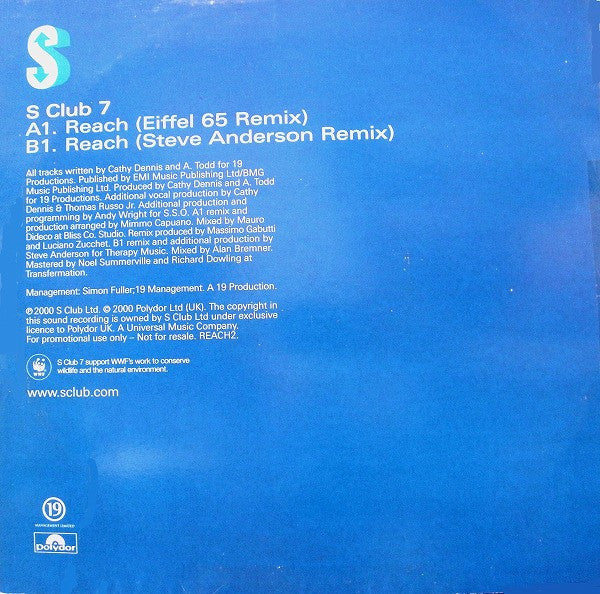 Image of Back Cover of 12" - VG/VG - S CLUB 7, Reach (Polydor; REACH2, UK 2000, Promo, Picture Sleeve), Edge wear, compression marks., A. Reach (Eiffel 65 Remix) 4:09B. Reach (Steve Anderson Remix) 9.24 - 4016243C