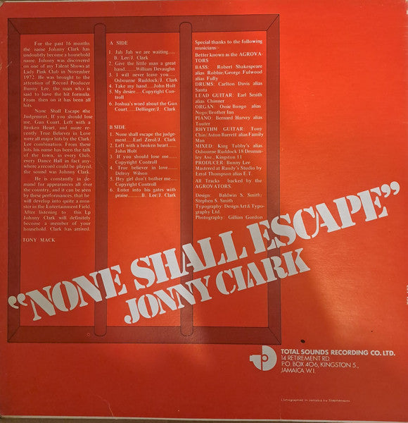 Image of Back Cover of LP - VG/VG - JOHNNY CLARKE, None Shall Escape (Total Sounds; TSL 102, Jamaica 1974), Conservative grading, lovely copy. Very light marks. WOL. SWOC.,  - 4026164E