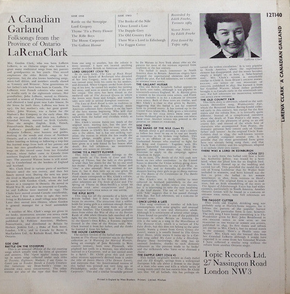 Image of Back Cover of 12" - G+/VG+ - LARENA CLARK, A Canadian Garland (Folksongs From The Province Of Ontario) (Topic Records ; 12T140, UK 1965, Laminated Front Sleeve), Writing On Label and Sleeve, Water Damage To Rear Sleeve,  - 4026234E