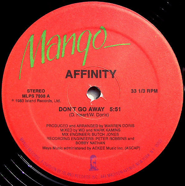 Image of Front Cover of 12" - VG/VG - AFFINITY, Don't Go Away (Mango; MLPS 7808, US 1983, Company Sleeve), Light marks only. WOL,  - 4046160S