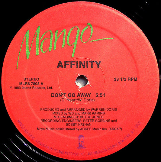 Image of Front Cover of 12" - VG/VG - AFFINITY, Don't Go Away (Mango; MLPS 7808, US 1983, Company Sleeve), Light marks only. WOL,  - 4046160S