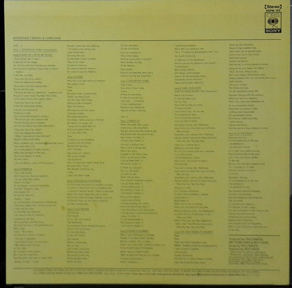 Image of Back Cover of LP - VG+/VG+ - SIMON & GARFUNKEL, Bookends (CBS/Sony ; SOPM 103, Japan 1973 Reissue, Insert, Poster, With Obi), ,  - 4026217E