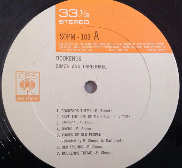 Image of Label Cover of LP - VG+/VG+ - SIMON & GARFUNKEL, Bookends (CBS/Sony ; SOPM 103, Japan 1973 Reissue, Insert, Poster, With Obi), ,  - 4026217E