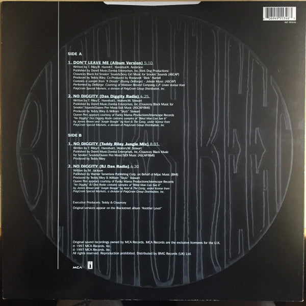 Image of Back Cover of 12" - VG/VG+ - BLACKSTREET, Don't Leave Me (MCA Records; INT 95534, UK 1997, Picture Sleeve), , A1	Don't Leave Me (Album Version)A2	No Diggity (Das Diggity Radio)B1	No Diggity (Teddy Riley Jungle Mix)B2	No Diggity (BJ Das Radio) - 4016375C