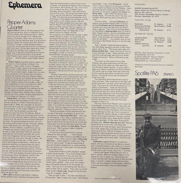 Image of Back Cover of LP - VG/VG+ - PEPPER ADAMS QUARTET, Ephemera (Spotlite Records; SPJ PA6, UK 1979 Reissue, Laminated Sleeve), ,  - 4046182S