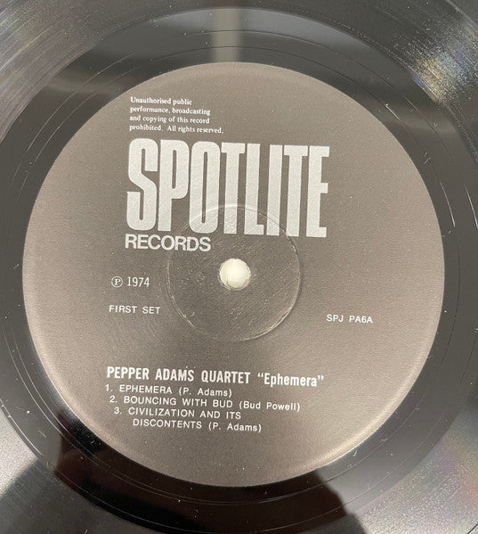 Image of Label Cover of LP - VG/VG+ - PEPPER ADAMS QUARTET, Ephemera (Spotlite Records; SPJ PA6, UK 1979 Reissue, Laminated Sleeve), ,  - 4046182S