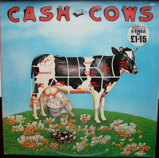 Image of Front Cover of LP - VG/VG+ - VARIOUS, Cash Cows (Virgin Green/Red Labels; MILK 1, UK 1980, Hype Stickered Sleeve), Clean & glossy, Very minor sleeve wear in terms of a couple of faded spots only. ,  - 4016378C