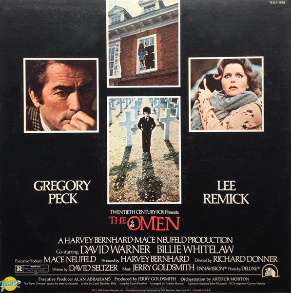 Image of Back Cover of LP - VG/VG - JERRY GOLDSMITH, The Omen (Original Soundtrack Recording) (Tattoo Records; BJL1-1888, US 1976, Stamped Promo), Promo stamp on back of sleeve. Hairlines and storage marks. Edge and ring wear, creasing, sticker damage on front of sleeve.,  - 4046183S