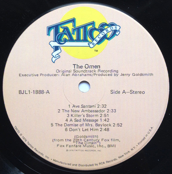 Image of Label Cover of LP - VG/VG - JERRY GOLDSMITH, The Omen (Original Soundtrack Recording) (Tattoo Records; BJL1-1888, US 1976, Stamped Promo), Promo stamp on back of sleeve. Hairlines and storage marks. Edge and ring wear, creasing, sticker damage on front of sleeve.,  - 4046183S