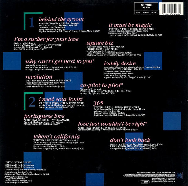 Image of Back Cover of LP - VG/VG+ - TEENA MARIE, Greatest Hits And More (Gordy; WL 72428, Europe 1986), A couple of light hairlines only. Sleeeve has a small bend/tear on rear opening section.,  - 4026272E