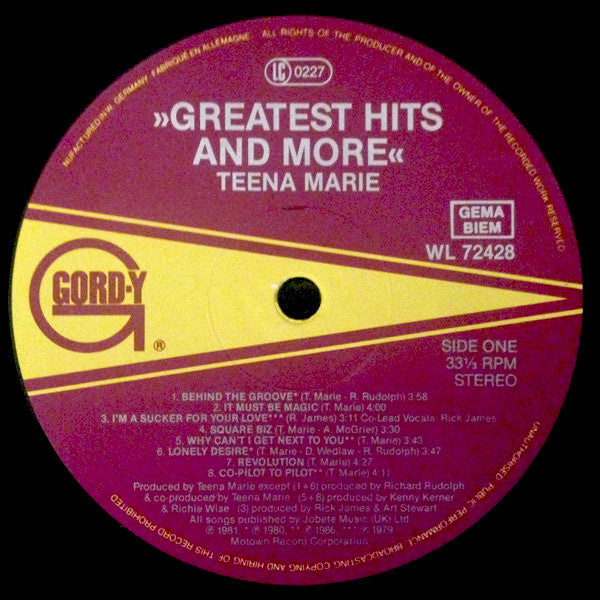 Image of Label Cover of LP - VG/VG+ - TEENA MARIE, Greatest Hits And More (Gordy; WL 72428, Europe 1986), A couple of light hairlines only. Sleeeve has a small bend/tear on rear opening section.,  - 4026272E