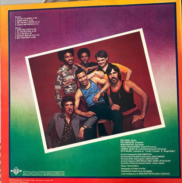 Image of Back Cover of LP - G+/G+ - HEATWAVE, Too Hot To Handle (GTO; GTLP 013, UK 1976), Sleeve has some damage at bottom corner and along pinched spine. Liquid staining at top. Wear at edges too; general scuffs. Hype sticker on front,  - 4016377C