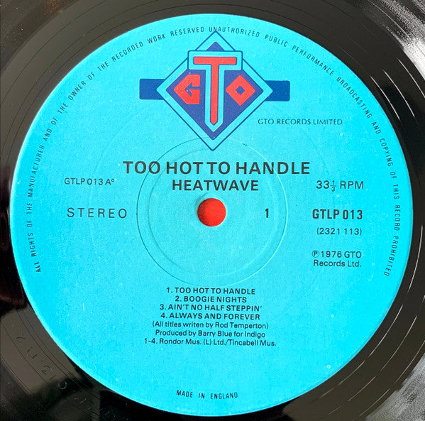Image of Label Cover of LP - G+/G+ - HEATWAVE, Too Hot To Handle (GTO; GTLP 013, UK 1976), Sleeve has some damage at bottom corner and along pinched spine. Liquid staining at top. Wear at edges too; general scuffs. Hype sticker on front,  - 4016377C