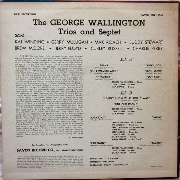 Image of Back Cover of LP - VG/VG - THE GEORGE WALLINGTON TRIO, The George Wallington Trio (Savoy Records; MG-12081, US 1956, Pasteback Sleeve), Hairlines and surface marks. Seam splits at corners, sticker damage on back of sleeve, light stains and writing to back of sleeve, tear to pasteback at bottom edge.,  - 4046184S