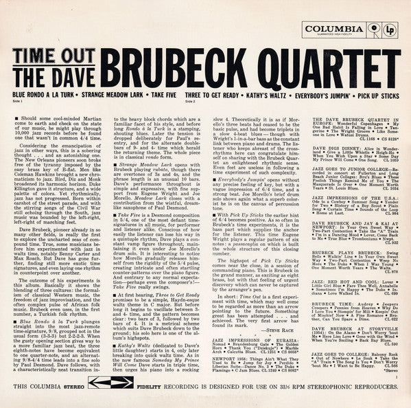 Image of Back Cover of LP - VG+/VG - THE DAVE BRUBECK QUARTET, Time Out (Columbia; PC 8192, US 1981 Reissue), ,  - 4026279E