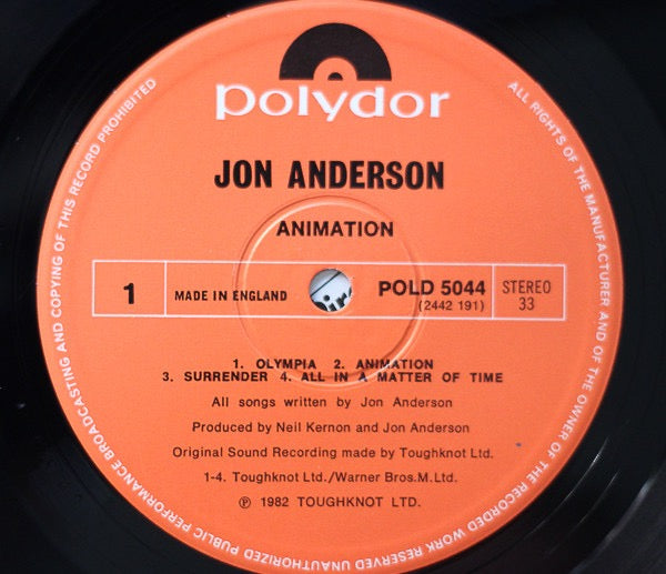 Image of Label Cover of LP - VG/VG - JON ANDERSON, Animation (Polydor Red Labls; POLD 5044, UK 1982, Inner), Cut-out (Hole punched),  - 4016388C