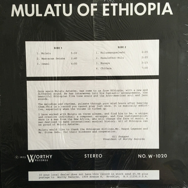 Image of Back Cover of LP - VG+/VG+ - MULATU ASTATKE, Mulatu Of Ethiopia (Worthy Records; W-1020, US 2000s Reissue, Picture Sleeve), Early 00s US reissue,  - 4026310E