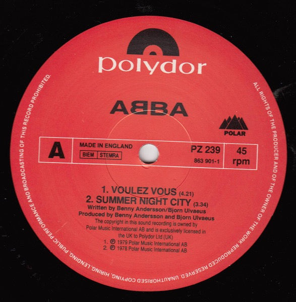 Image of Back Cover of 12" - G+/G - ABBA, Voulez Vous (Polydor; PZ 239, UK 1992, Picture Sleeve), Lots of hairlines and some larger surface marks, Click on B1 for a few revolutions, Sleeve has ring wear and splitting at spine. ,  - 4016390C