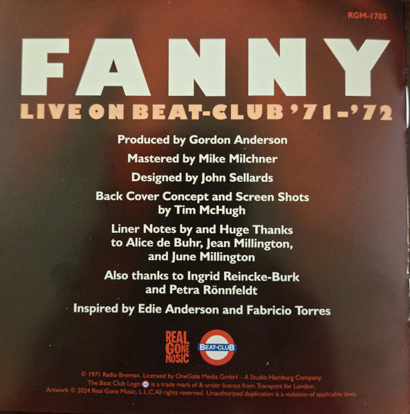 Image of Label Cover of CD - VG/EX - FANNY, Live On Beat-Club '71-'72 (Real Gone Music; RGM-1705, US 2024), ,  - 4056238S