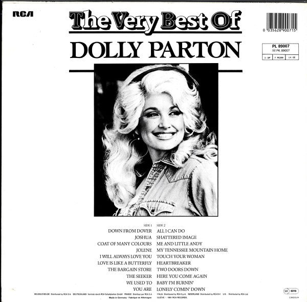 Image of Back Cover of LP - VG/VG - DOLLY PARTON, The Very Best Of (RCA Black & Silver, GEMA/BIEM Rights Box, Embossed Bass Clef Side B; PL 89007, Europe 1983 Reissue), Minor warp, DNAP. UK Cat. No. sticker on rear.,  - 4016351C