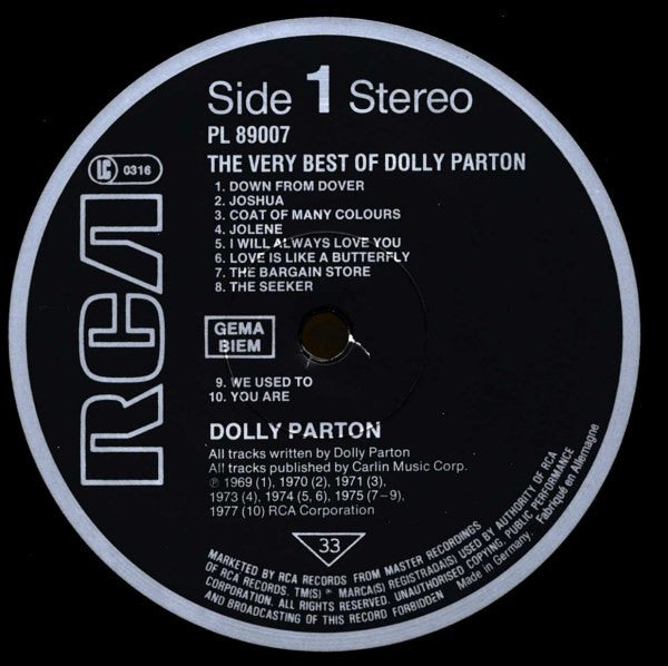 Image of Label Cover of LP - VG/VG - DOLLY PARTON, The Very Best Of (RCA Black & Silver, GEMA/BIEM Rights Box, Embossed Bass Clef Side B; PL 89007, Europe 1983 Reissue), Minor warp, DNAP. UK Cat. No. sticker on rear.,  - 4016351C