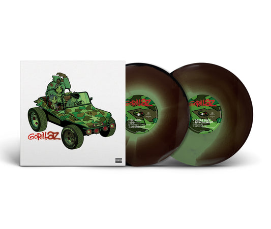 Image of Front Cover of 2xLP - NEW/NEW - GORILLAZ, Gorillaz (Warner; 1200214336769, UK 2026, Limited Edition Hand-Pressed Camouflage Green, Brown & Black Vinyl), , Gorillaz's 2001 debut introduced the virtual band with tracks including 'Clint Eastwood', '19-2000' and 'Tomorrow Comes Today'. This limited double-vinyl edition is individually hand-pressed, so colour blends and patterns vary between copies. - 9417265C